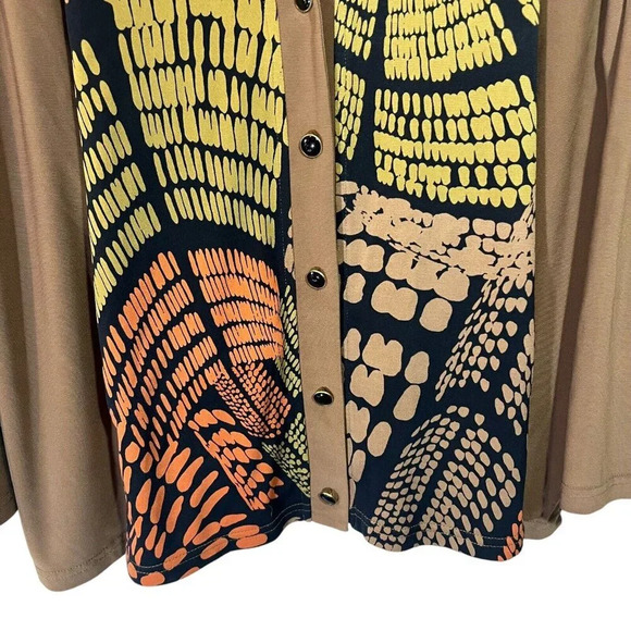 Bob Mackie Wearable Art Button Up XL Abstract Olive Green Orange Black Stretch - Picture 4 of 5